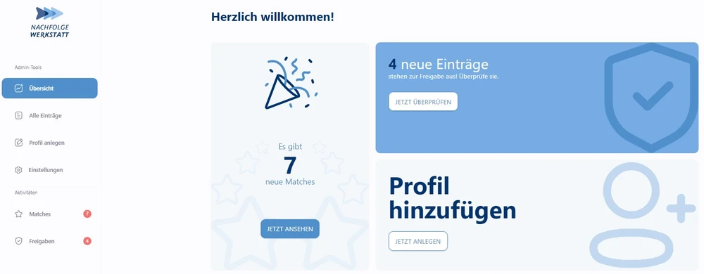 Screenshot von der Matching-Plattform - Dashboard